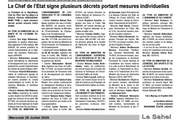 LE CHEF DE L'ETAT SIGNE PLUSIEURS DECRETS PORTANT MESURES INDIVIDUELLES