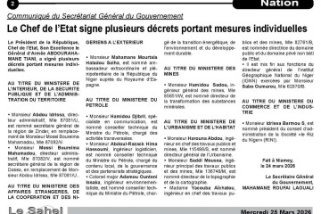 LE CHEF DE L'ETAT SIGNE PLUSIEURS DECRETS PORTANT MESURES INDIVIDUELLES