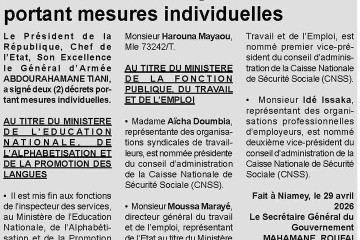 LE CHEF DE L'ETAT SIGNE PLUSIEURS DECRETS PORTANT MESURES INDIVIDUELLES